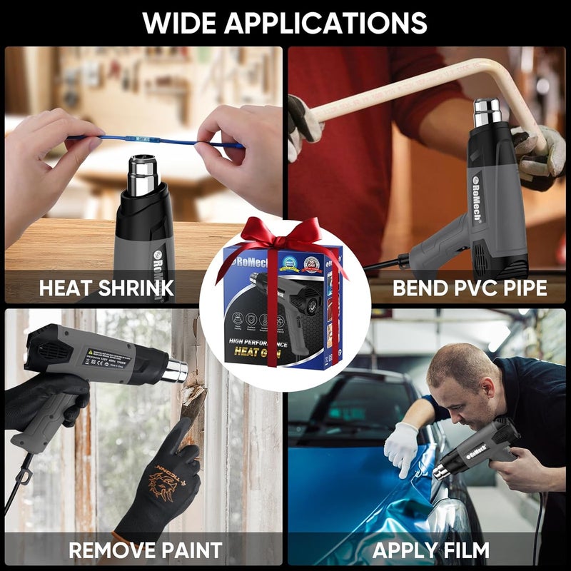 ROMECH 1500W Heavy Duty Heat Gun, Variable Temperature Control Hot Air Gun Kit with 2 Air Flow 120°F~1200°F and 4 Nozzles for Crafts Shrink Wrap (Gray) - Image 5